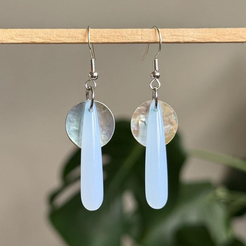 handmade earrings with pearl iridescent discs & dangling sky blue teardrop beads